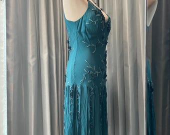 sue wong drop waist dress Sue Wong Antique Champagne One Shoulder Beaded Drop Waist Dress Gown 6 8 10