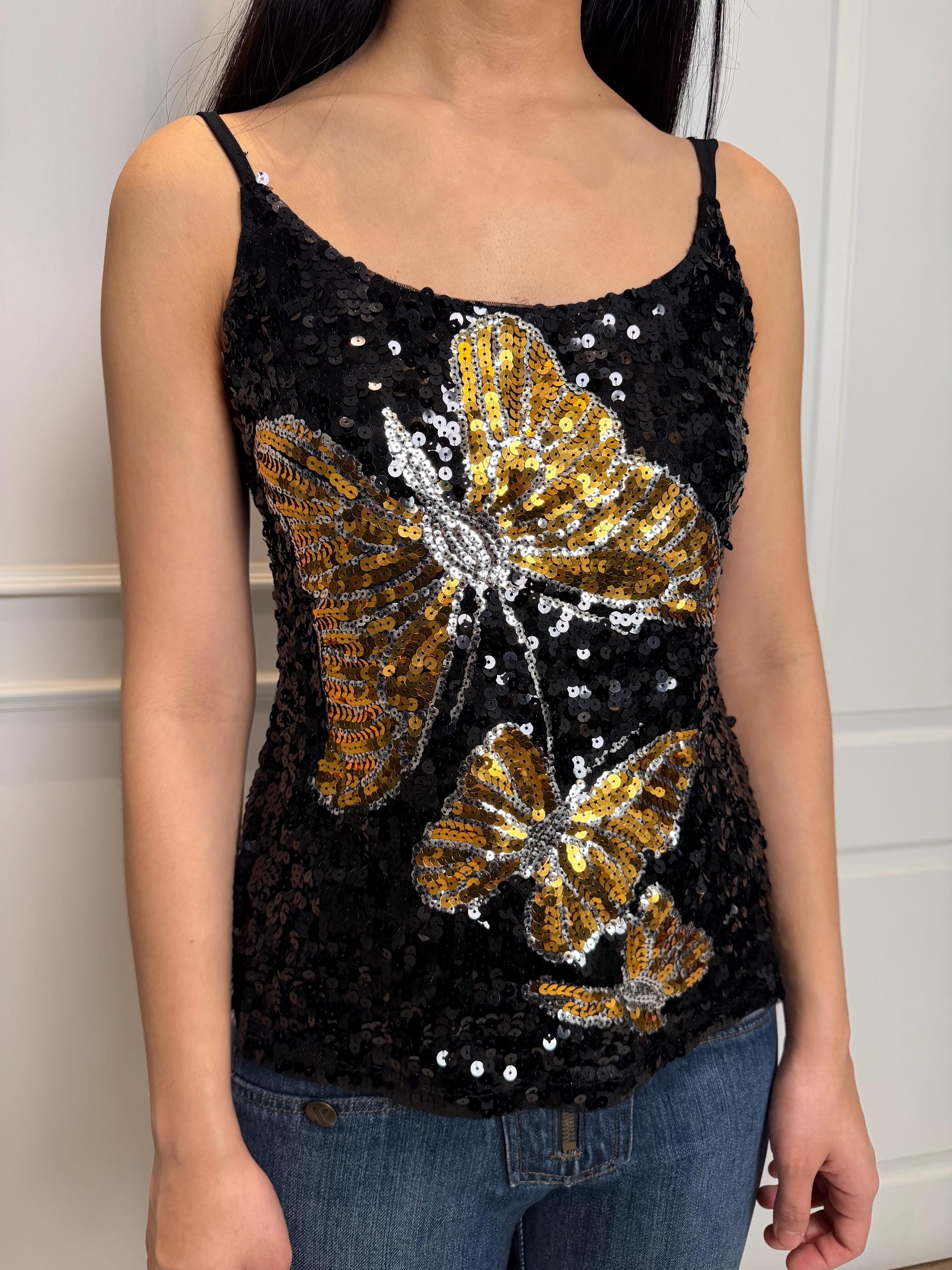 Vintage Beaded Butterfly Sequin Top: Vintage 90s Festival Glam
