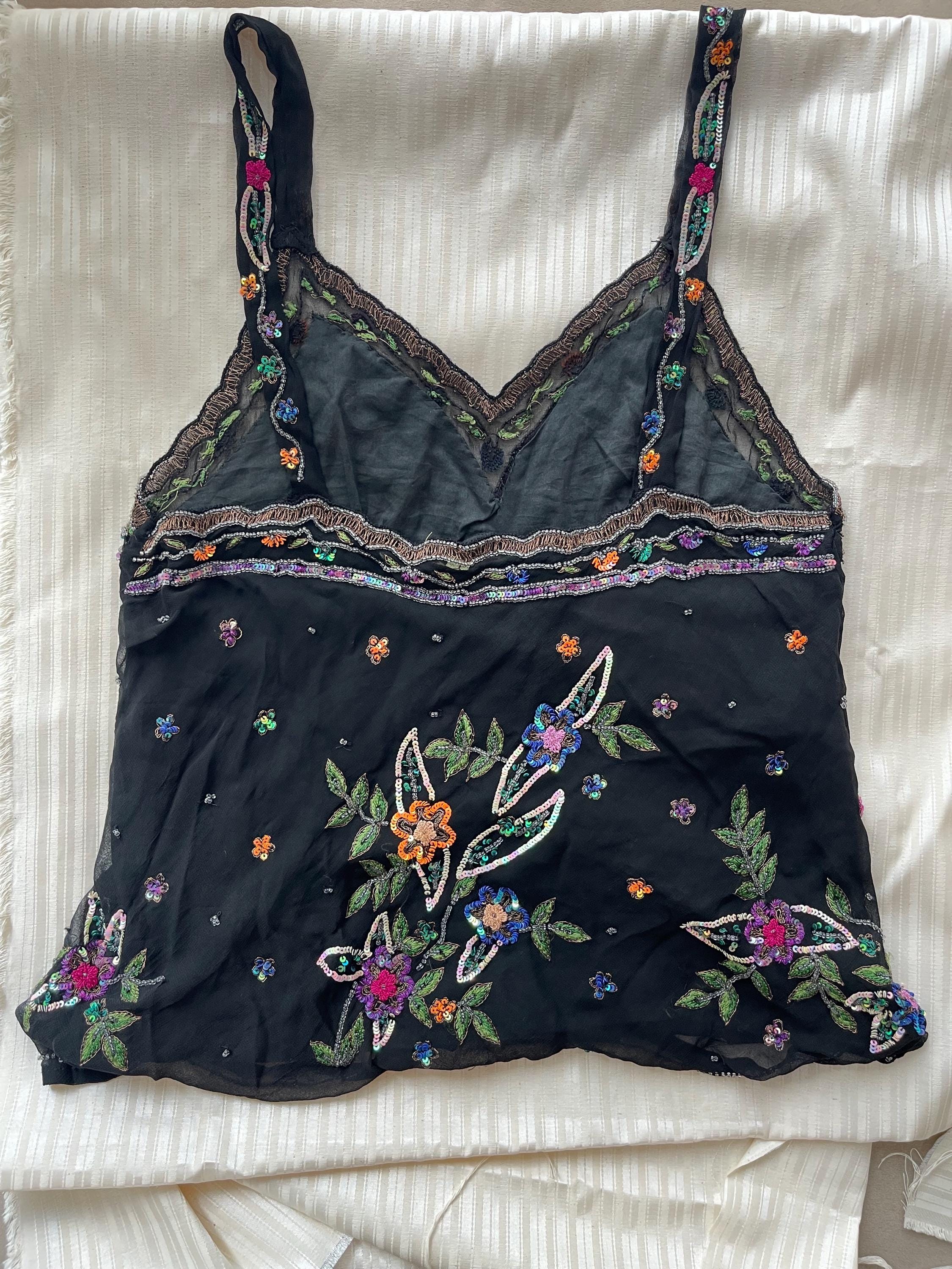 Vintage Silk Beaded Cami Top: Black Sequin Embroidered Festival
