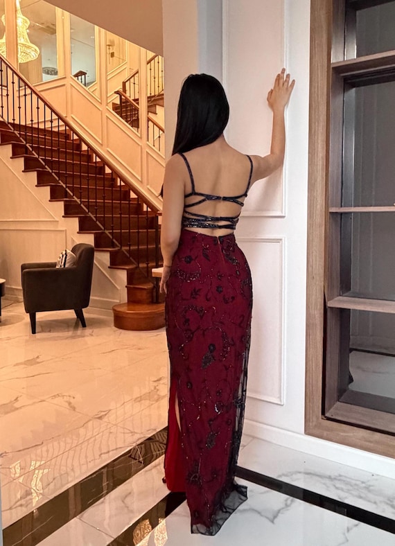 Buy Vintage Red Dress Silk With Black Mesh Overlay Beaded Evening Gown Backless Strappy 90s Prom Dress Gothic Formal Maxi Dress Burgundy Red Online in India - Etsy Buy Vintage Red Dress Silk With Black Mesh Overlay Beaded Evening Gown Backless Strappy 90s Prom Dress Gothic Formal Maxi Dress Burgundy Red Online in India - Etsy