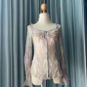 Vintage Silk Blouse – Dreamy Mermaidcore / Sirencore Paisley Mesh Top – Fairycore Hippy Boho Aesthetic (XS–S)