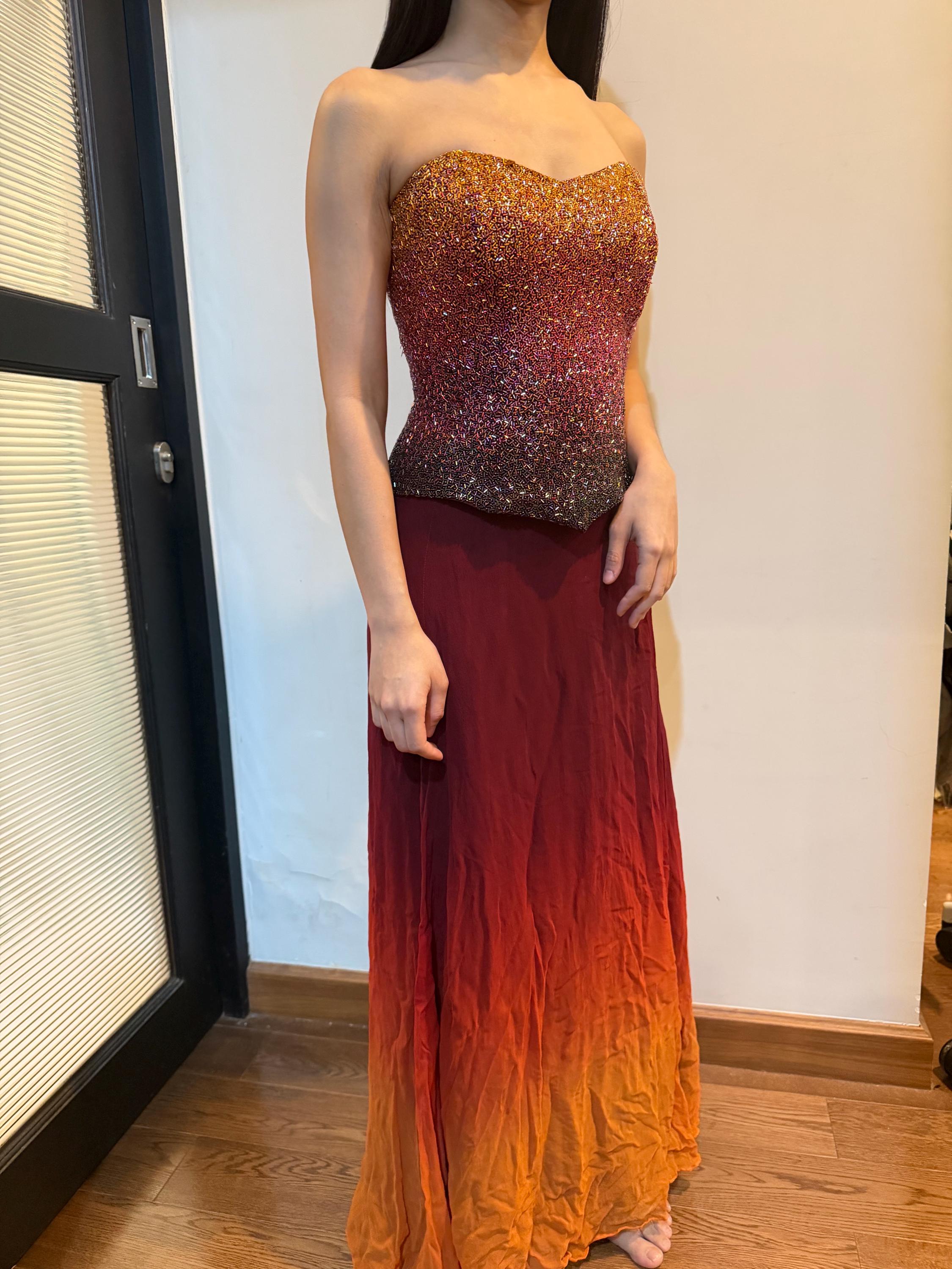 embellished maxi dress in red and orange ombré Vintage Red-orange Ombré Beaded Strapless Gown – Elegant Prom Dress, Formal  Evening Dress, Classic Princess Ball Gown Y2k Prom Ombre