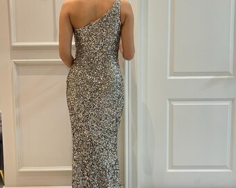 scala one shoulder sequin dress SCALA -61319 One Shoulder Sequin Sheath Dress 16 / PERIWINKLE