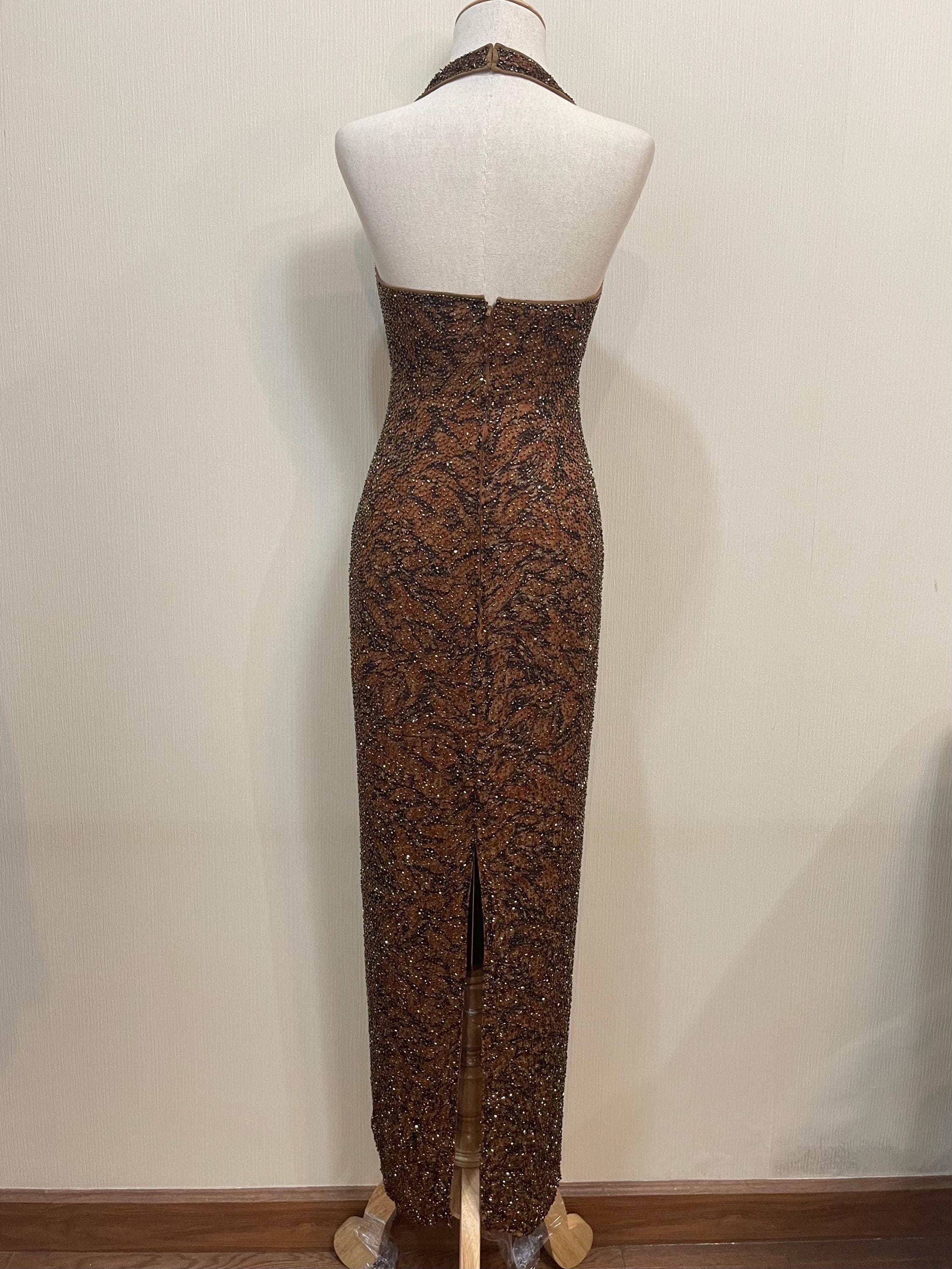 cach full length halter sequin animal print dress Vintage Beaded Halter Gown: 90s BIEFF BASIX Bronze Sequin Animal Print (leopard Print) Silk Dress Brown Formal Prom Dress