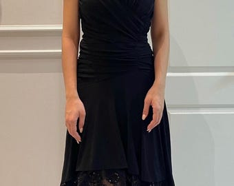 Joseph Ribkoff Vampy Black Cocktail Dress | Dark Feminine Gothic Fairy Midi Dress | Asymmetrical Lace Hem Formal Dress Size 6