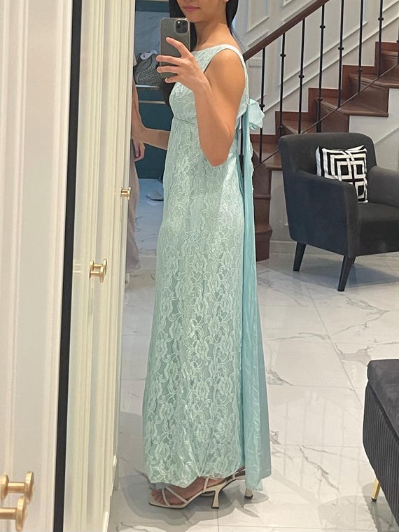 blue green lace dress Vintage 1960s Tiffany Regency Dress, Romantic Pastel Maxi Dress, Bow Back Formal Gown, Soft Blue Wedding Guest mint green dress for wedding guest