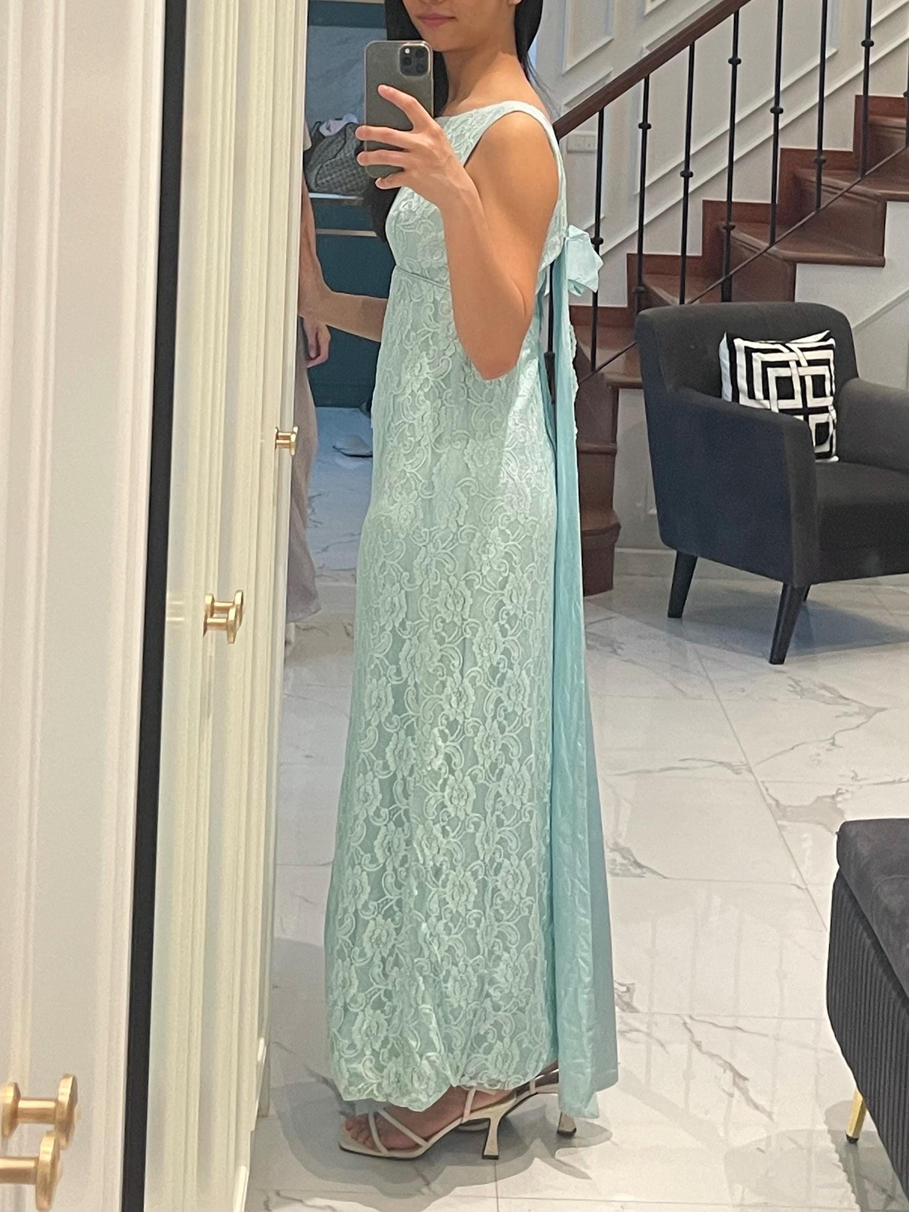 Vintage 1960s Tiffany Blue Lace Regency Dress, Romantic Pastel Maxi Dress, Bow Back Formal Gown, Soft Blue Wedding Guest Dress