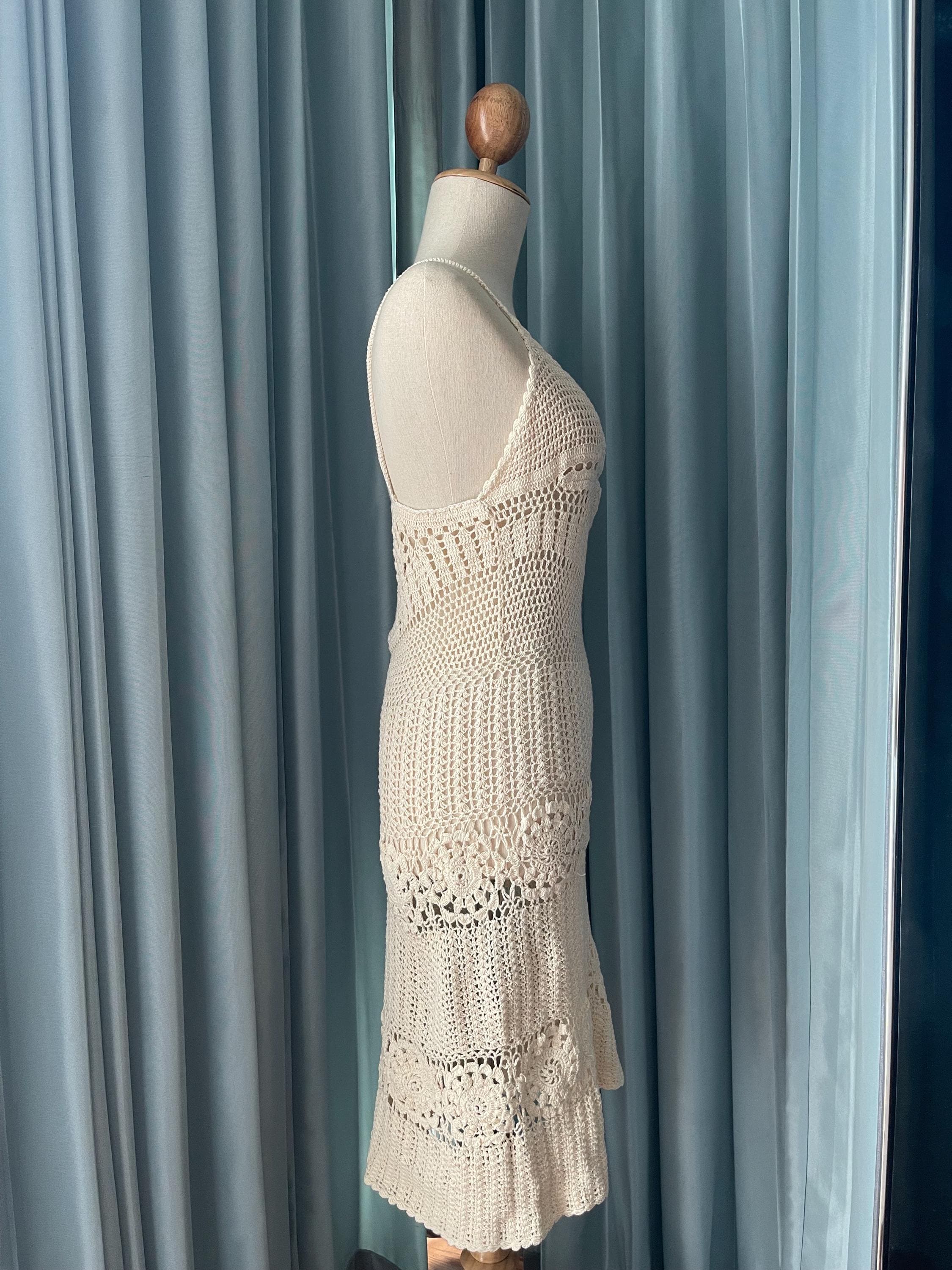 cream knit beach dress Crochet Slip | Boho Midi Dress | Open Knit Cover up Dress | Handmade Look Summer Beach Dress Glace