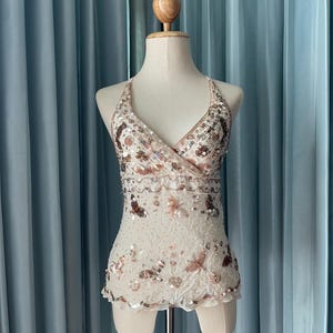 Bebe Beaded Butterfly Halter Top, Hand-Embroidered Sequin Mesh Festival Blouse, Fairycore Bohemian Chic