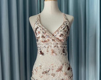 Rare find Bebe Beaded Butterfly Halter Top, Hand-Embroidered Sequin Mesh Festival Blouse, Fairycore Boho 90s Chic