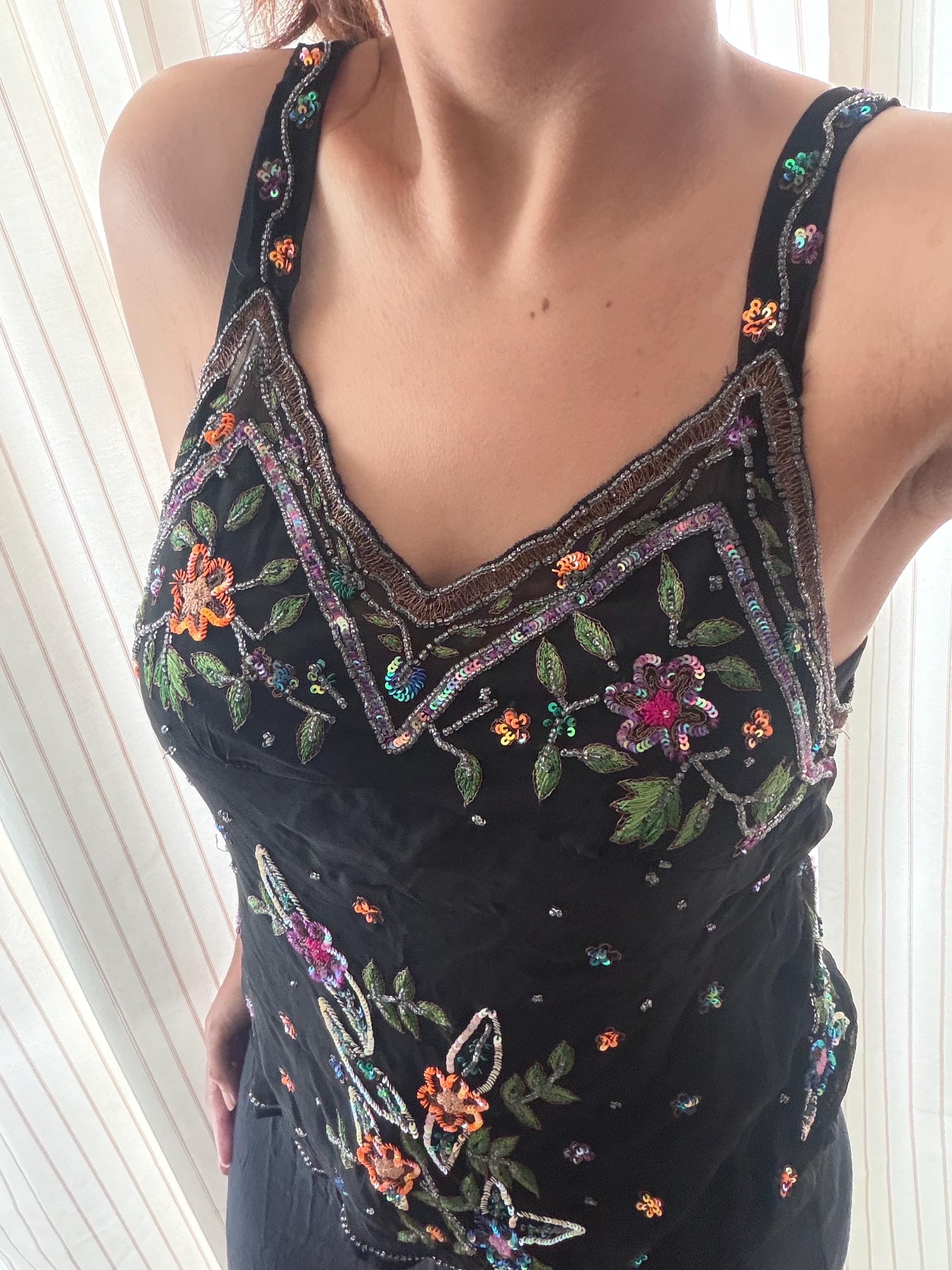 Vintage Silk Beaded Cami Top: Black Sequin Embroidered Festival