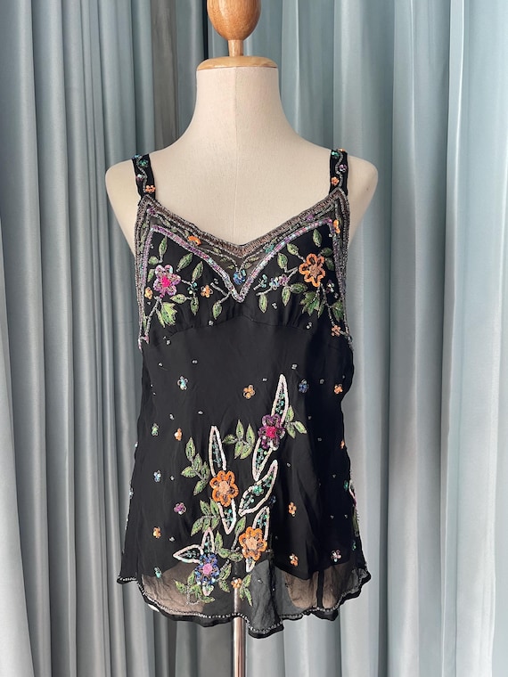 Vintage Silk Beaded Cami Top: Black Sequin Embroidered Festival