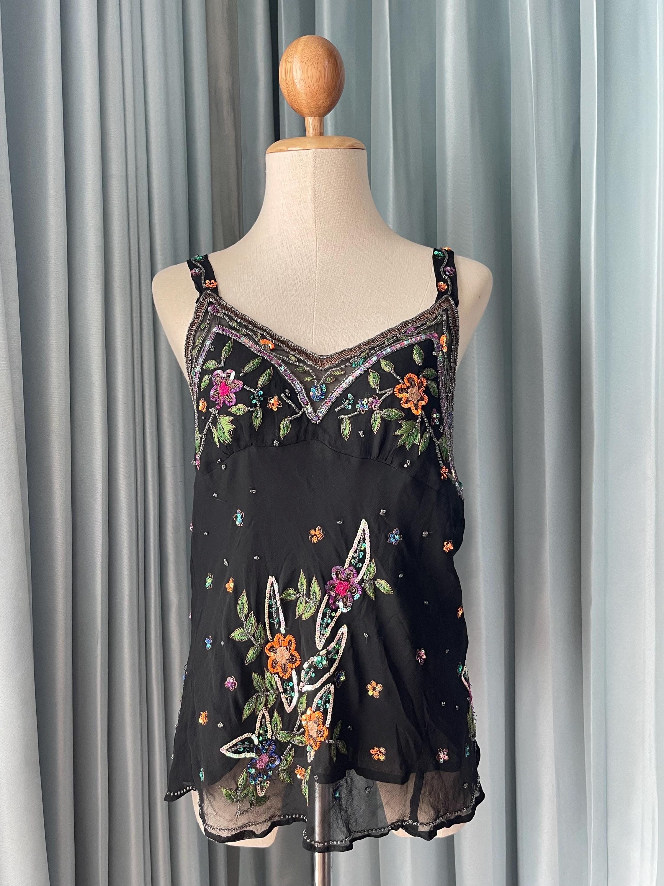 Vintage Silk Beaded Cami Top: Black Sequin Embroidered Festival