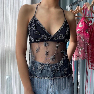 Vintage Black Beaded Mesh Top | Sheer Beaded bra | 90s Glam Party Top | Sparkling beach Wear | Festival style