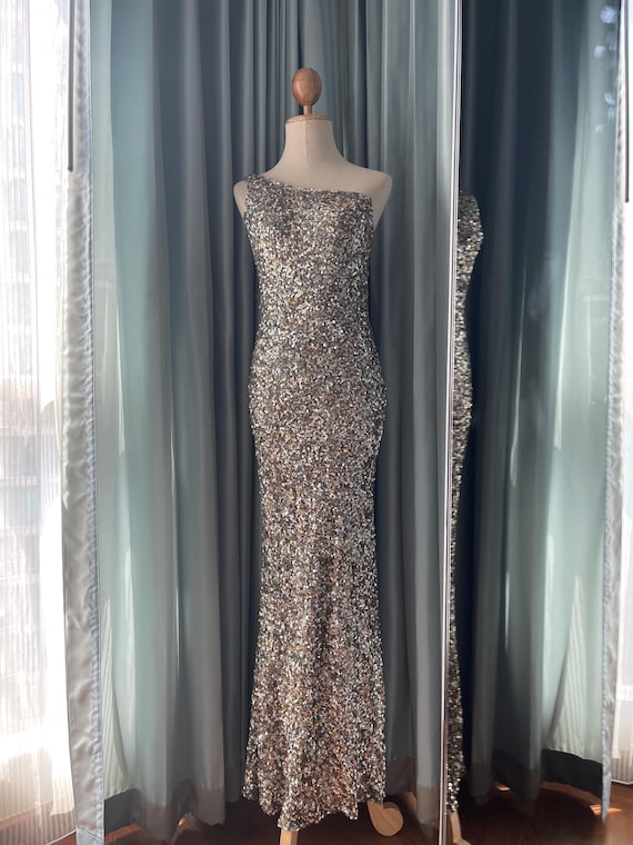 Vintage Scala One-shoulder Sequin Evening Gown – 90s Silver Gold Sparkle  Dress, Prom Dress, Gala Formal Ball Gown Silk 100% Size 6