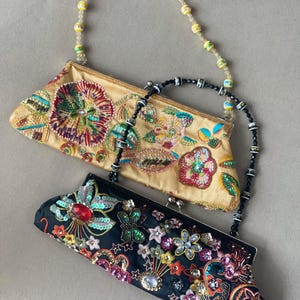Vintage Beaded Floral Embroidered Clutch Purse | Sequin Satin Evening Bag with Beaded Strap | Handmade 1980s Cocktail Handbag (Yellow/Black)