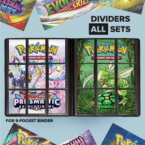 May include: Black binder with nine-pocket pages, displaying Pokémon trading cards and dividers. The image includes text that reads "DIVIDERS ALL SETS" and "FOR 9-POCKET BINDER". Various Pokémon card packs are visible.