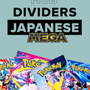 Op de afbeelding: Een set ruilkaartverdelers met de tekst THE POKEMON HUB DIVIDERS JAPANESE MEGA. De kaarten tonen diverse kleurrijke illustraties van personages waaronder Pikachu, Mew en Lucario tegen levendige, kosmische en stedelijke achtergronden.