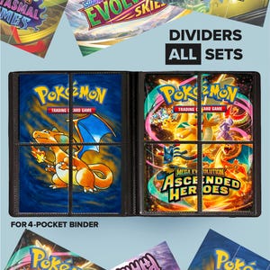 May include: A black 4-pocket binder with Pokémon trading cards. The binder is open, displaying cards with Charizard and other characters. The text "DIVIDERS ALL SETS" is visible.