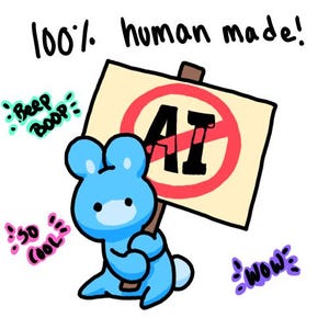 以下が含まれることがあります： 青いウサギの漫画イラスト。AIの文字に赤い禁止マークが付いた看板を持っています。「100％人間製！」と書かれており、「Beep Boop」、「So Cool」、「Wow」の吹き出しがあります。