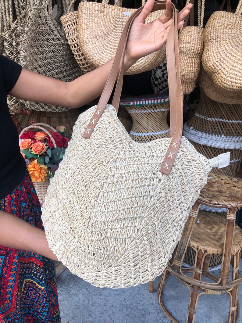 Hemp handbag for women leather and hemp bag handmade in Thailand boho chic hand crafted women shopping bag mesh shoulder bag zdjęcie 2