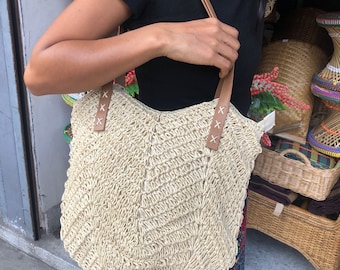 Hemp handbag for women - leather and hemp bag handmade in Thailand - boho chic hand crafted women shopping bag - mesh shoulder bag