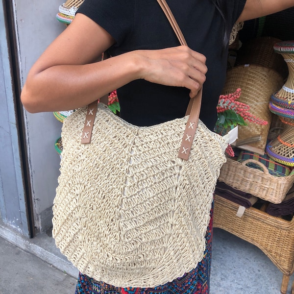 Hemp handbag for women - leather and hemp bag handmade in Thailand - boho chic hand crafted women shopping bag - mesh shoulder bag