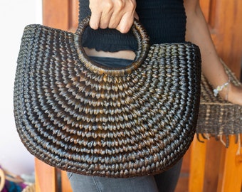 Rattan handbag for women - black wicker side bag handmade from Thailand - boho women shopping bag - farmhouse shopping bag