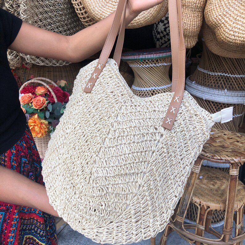 Hemp handbag for women leather and hemp bag handmade in Thailand boho chic hand crafted women shopping bag mesh shoulder bag zdjęcie 7