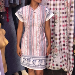 Traditional Ethnic dress, Thai dress for woman, Cotton dress with weaved patterns, Thick cotton dress, Lanna dress Hill tribe dress costume