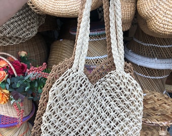 Mesh handbag for women - hemp bag handmade in Thailand - boho chic hand crafted women shopping bag - mesh shoulder bag beige or brown