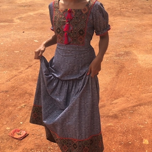 Thai ethnic dress, thai traditional dress for woman, thick cotton dress with weaved patterns, ethnic lanna dress costume blue and red