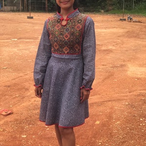 Thai ethnic dress, traditional dress for woman, cotton dress with weaved patterns, one size fits all thick cotton dress, Lanna dress