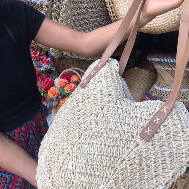 Hemp handbag for women leather and hemp bag handmade in Thailand boho chic hand crafted women shopping bag mesh shoulder bag zdjęcie 5