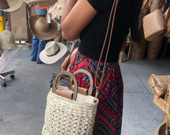 Rattan boho handbag for women - wicker side bag handmade from Thailand - handmade women shopping bag - wicker wood and leather shoulder bag