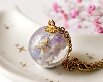 Celestial Cloud Sphere Necklace, Purple Resin Pendant with Gold Star, Handmade Galaxy Jewelry, Dreamy Gift
