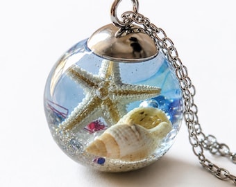 Halskette aus Kunstharz mit echtem Seestern, handgefertigter Ozeananhänger mit Muscheln, Strandschmuck, Geschenkidee für Küstenliebhaber