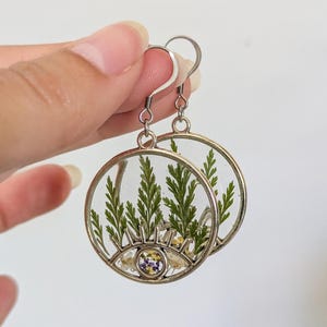 Real ferns eye dangle Earrings, Handmade Botanical Resin earrings, Pressed Flower Mystic Jewelry, statement floral gift for best friend
