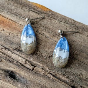 Ocean inspired resin drop earrings, real beach sand studs, Handmade summer jewelry