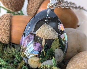Real Mushroom Terrarium Necklace: Fairycore Resin Jewelry, Cottagecore Inspired gift