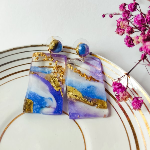 Geode resin earrings, rectangle geode slice resin earrings,purple resin earrings,marble earrings,nature inspired gift,gift for nature lovers