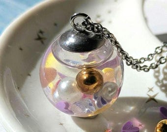 Liquid Shaker Resin Pendant, Floating pearls Charm Necklace, Unique Resin Jewelry