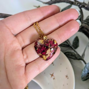Resin rose heart necklace, red rose petals pendant, real flower resin jewelry, botanical gift for wife, romantic birthday gift