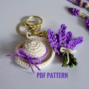 Porte-clés fleur au crochet motif lavande Provence et chapeau DIY printemps été amigurumi facile motif cadeau fête des mères bouquet lavande image 1