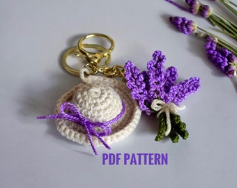 Porte-clés fleur au crochet motif lavande Provence et chapeau DIY printemps été amigurumi facile motif cadeau fête des mères bouquet lavande