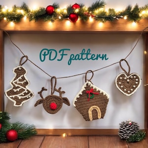 May include: A string of crocheted Christmas ornaments hanging from a wooden frame. The ornaments are shaped like a Christmas tree, a reindeer, a gingerbread house, and a heart. The ornaments are brown and white with white accents. The text "PDF pattern" is written in teal on the frame.