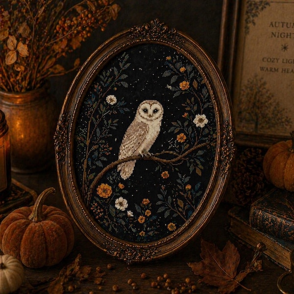 Owl Cross Stitch Pattern PDF | Floral Night Bird Embroidery Design | Counted Cross Stitch Chart