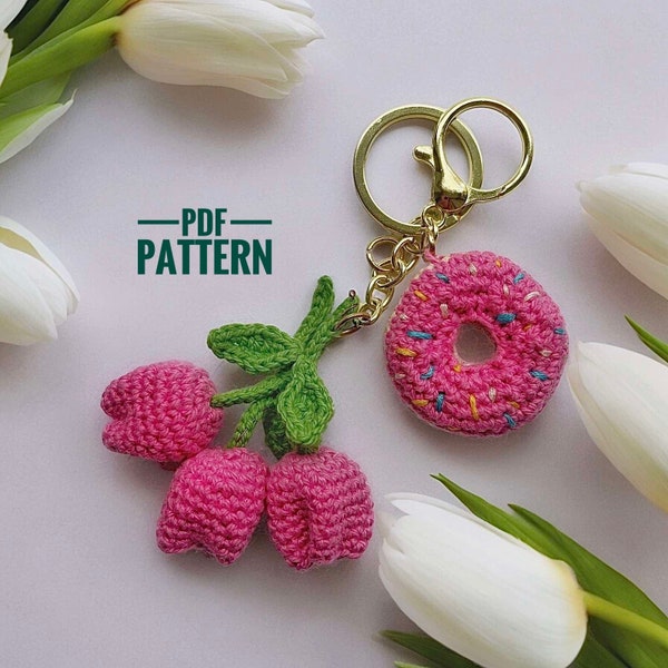 Flower Crochet Keychain Pattern Crochet Pink Tulip and Donut Spring Flower Amigurumi Pattern Easy Pattern Mother’s day gift