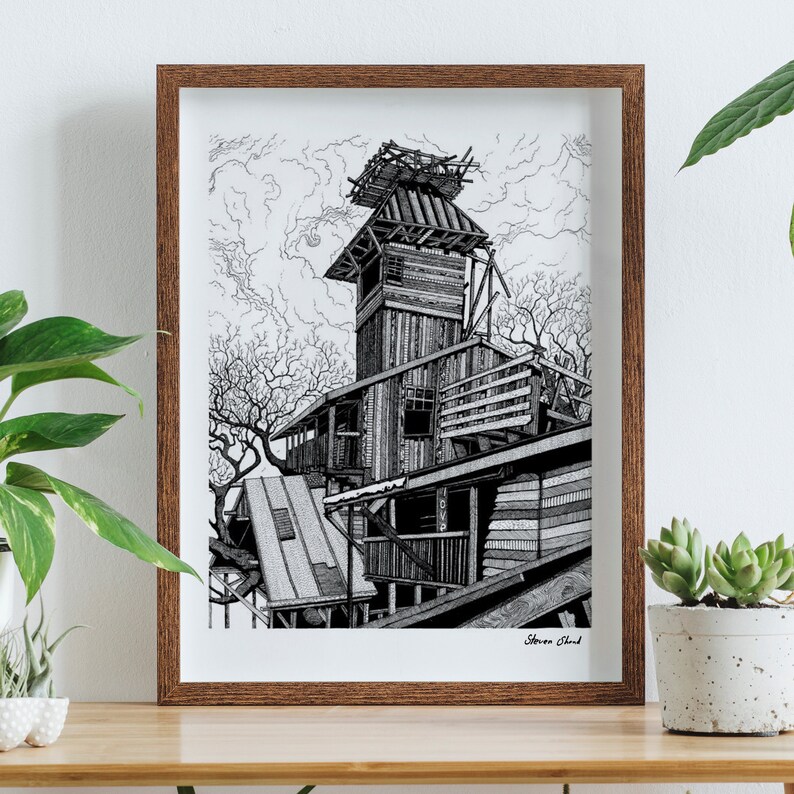 Treehouse Print Treehouse Portrait Illustration Art Print Black & White Ink A1, A2 and ...