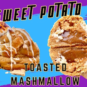 May include: Image of a sweet potato dessert with toasted marshmallow. The dessert is cut in half, revealing a creamy filling. The text "SWEET POTATO TOASTED MARSHMALLOW" is displayed in a bold font against a purple and blue background.
